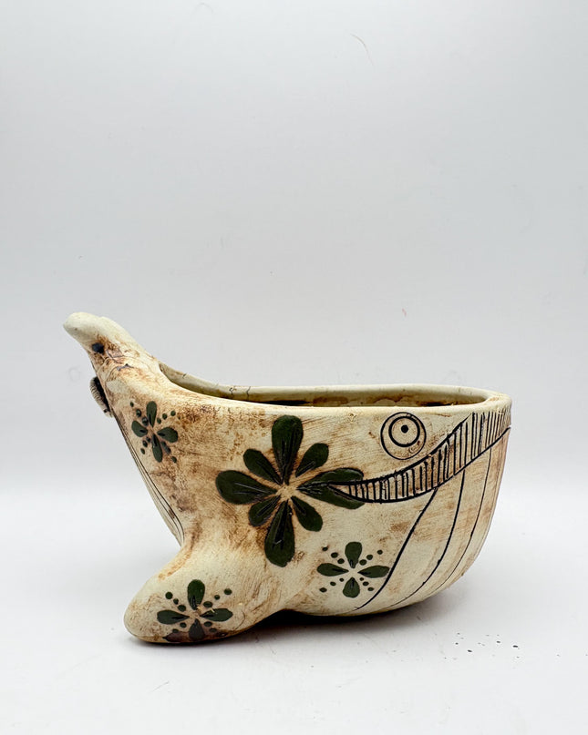 Ceramic Whale Planter Pot with Hand-Painted Floral Design